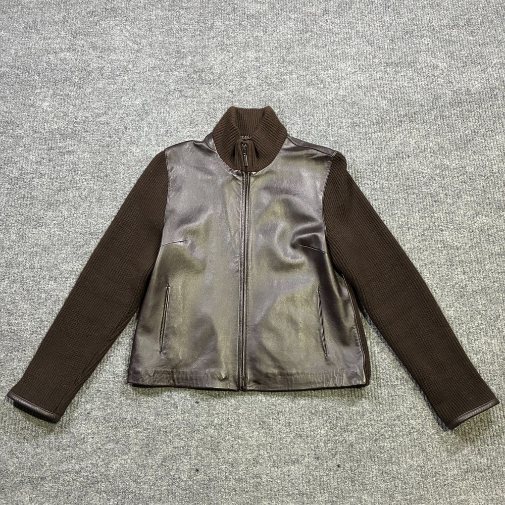 Marvin Richards Mens Leather Front Knit Jacket‎ Size Medium Brown Full Zip